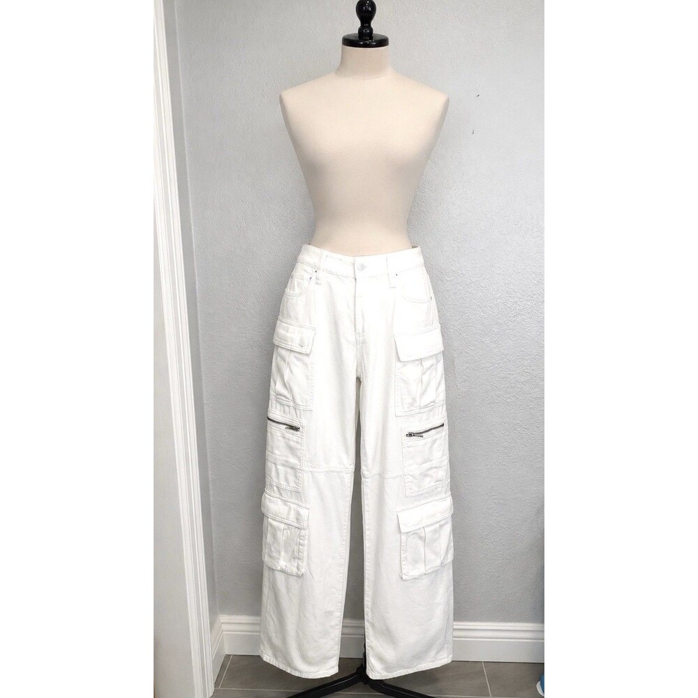 Alice + Olivia Olympia Mr Baggy Cargo Pants White Wide Leg Utility Jeans 25